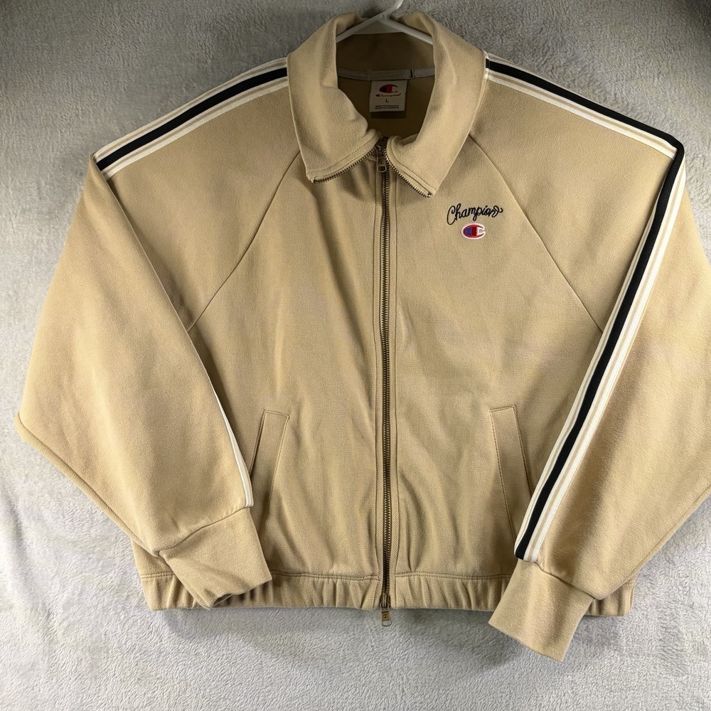 Champion Cropped Track Jacket Tan Full Zip Striped‎ Sleeve Womens L Retro
